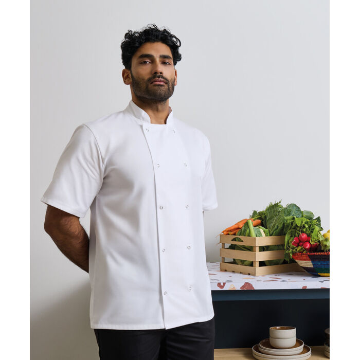 Studded front short sleeve chef's jacket Thumbnail