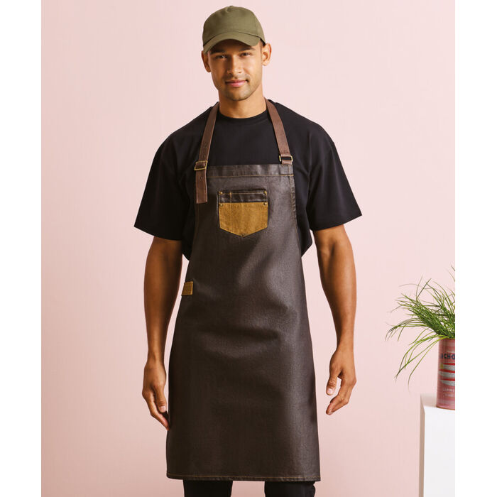 Division waxed-look denim bib apron with faux leather Thumbnail